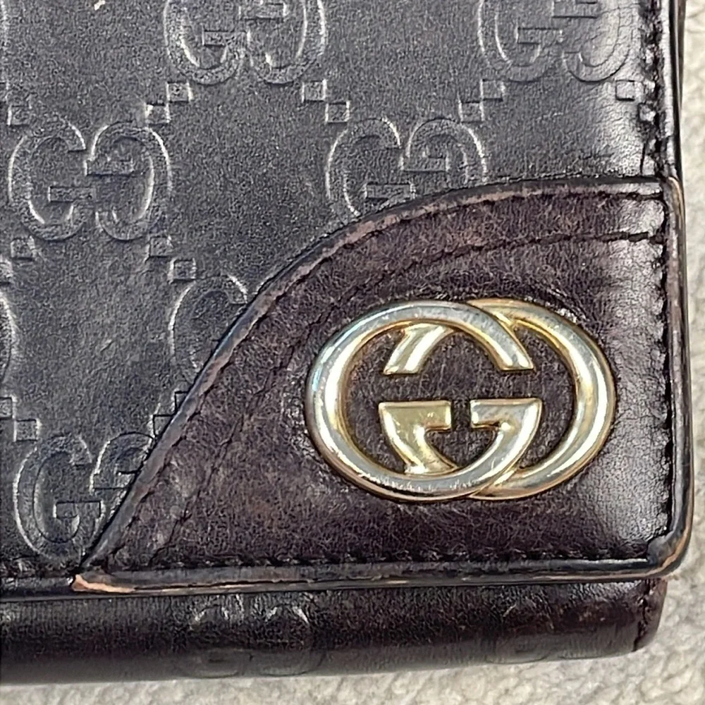 Gucci Leather Embossed GG Long Snap Wallet Dark Brown Interlocking GG